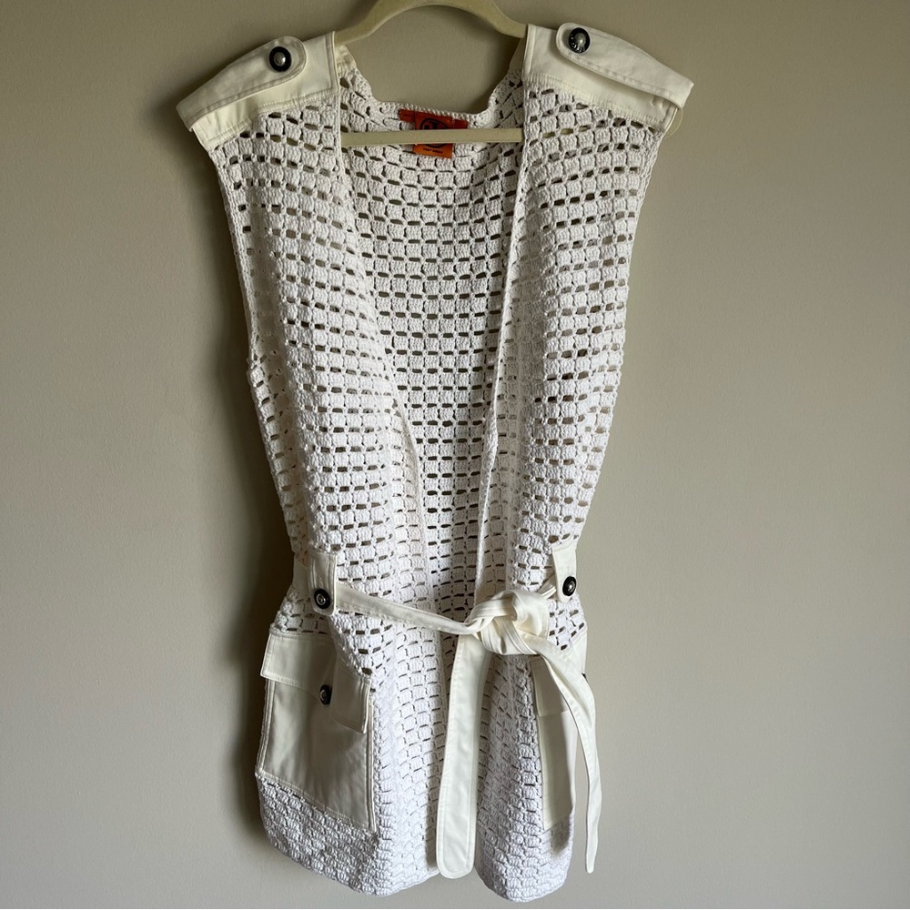 Tory Burch Women's Crochet White Belted Vest with Pockets 100% Cotton Size Large